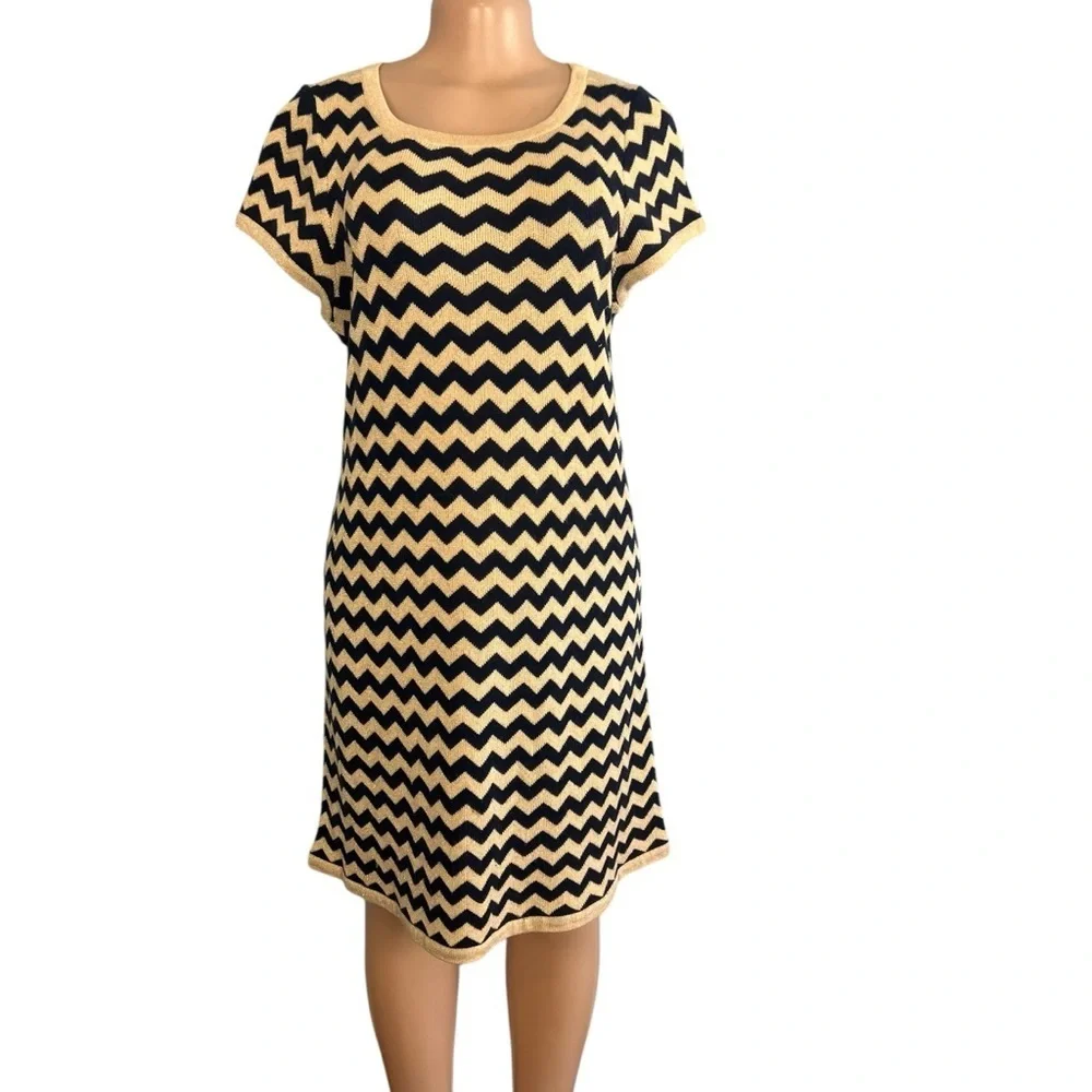 Lilly Pulitzer Santana Gold Metallic Blue Chevron Wool Blend Sweater Dress - Picture 2 of 10